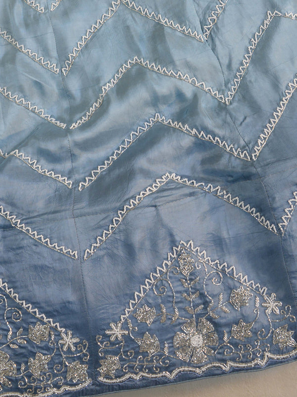 Banarasee Semi-Stitched Hand-Work Ombre Dye Zig-Zag Design Lehenga Blouse & Dupatta-Grey