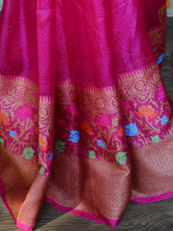 Banarasee Art Silk Saree With Zari & Meena Floral Border & Self Weaving Work-Pink