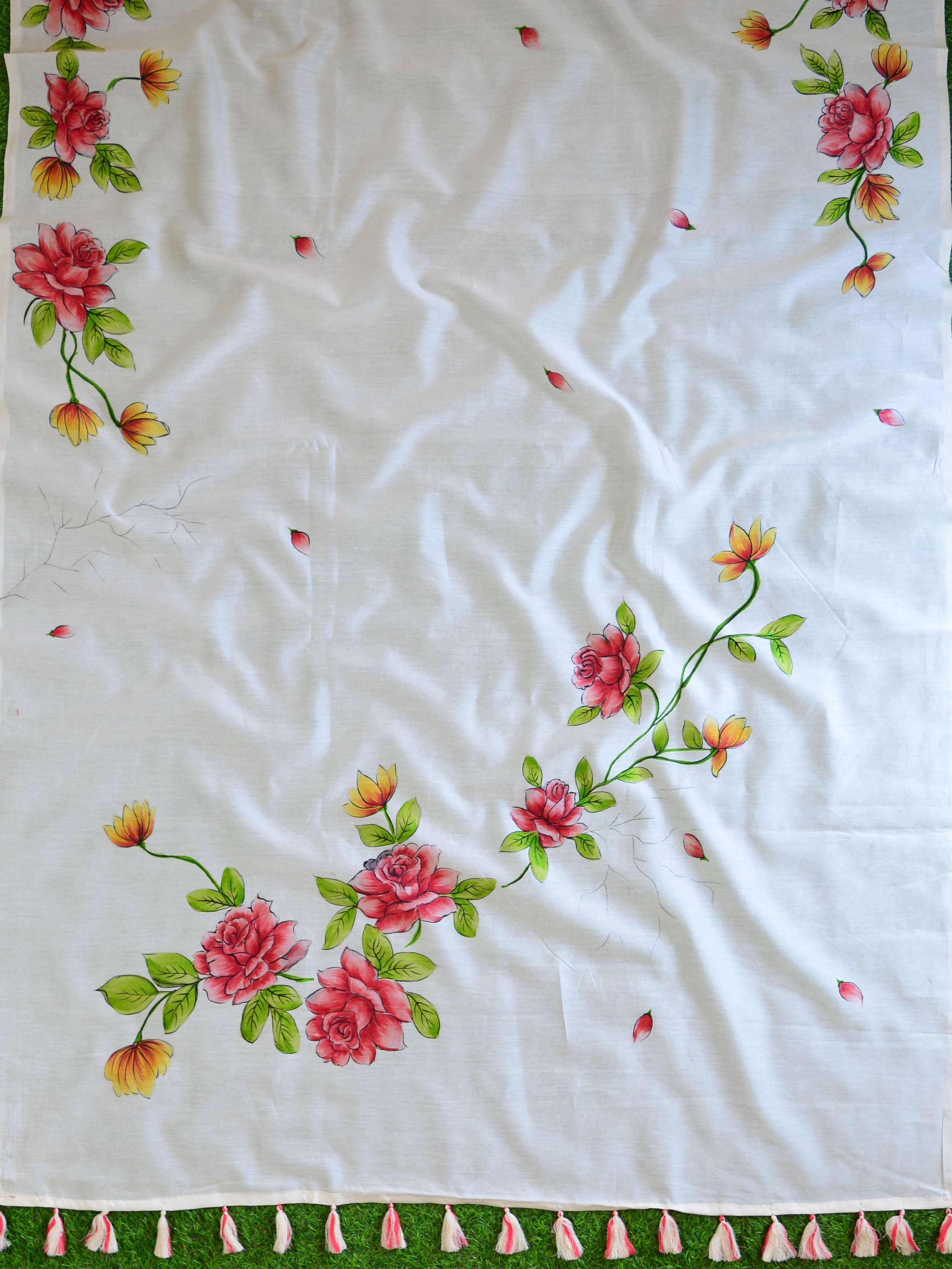 Banarasee Chanderi Handpainted Saree-White
