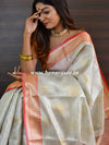 Banarasee Handwoven Red Border Saree With Self Weaving design-Silver