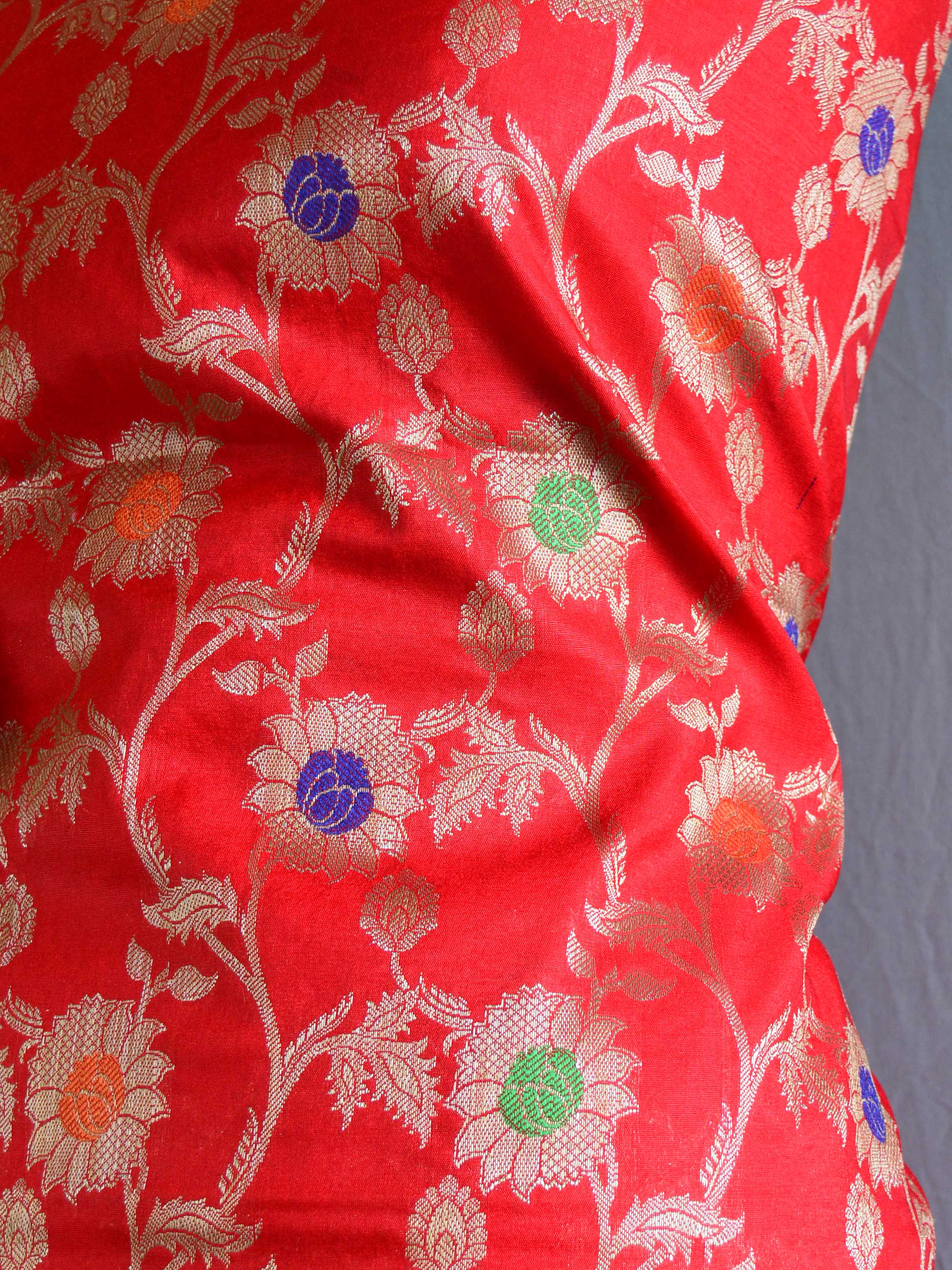 Banarasee Handwoven Semi-Silk Salwar Kameez Fabric With Zari Buta Design-Red