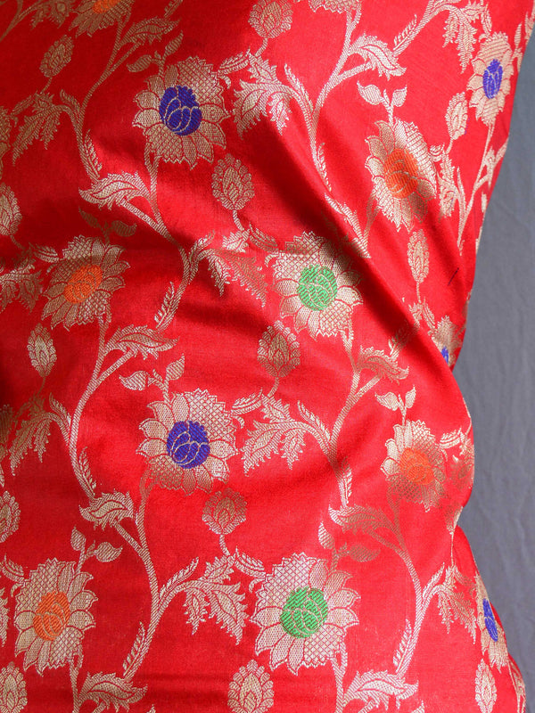 Banarasee Handwoven Semi-Silk Salwar Kameez Fabric With Zari Buta Design-Red