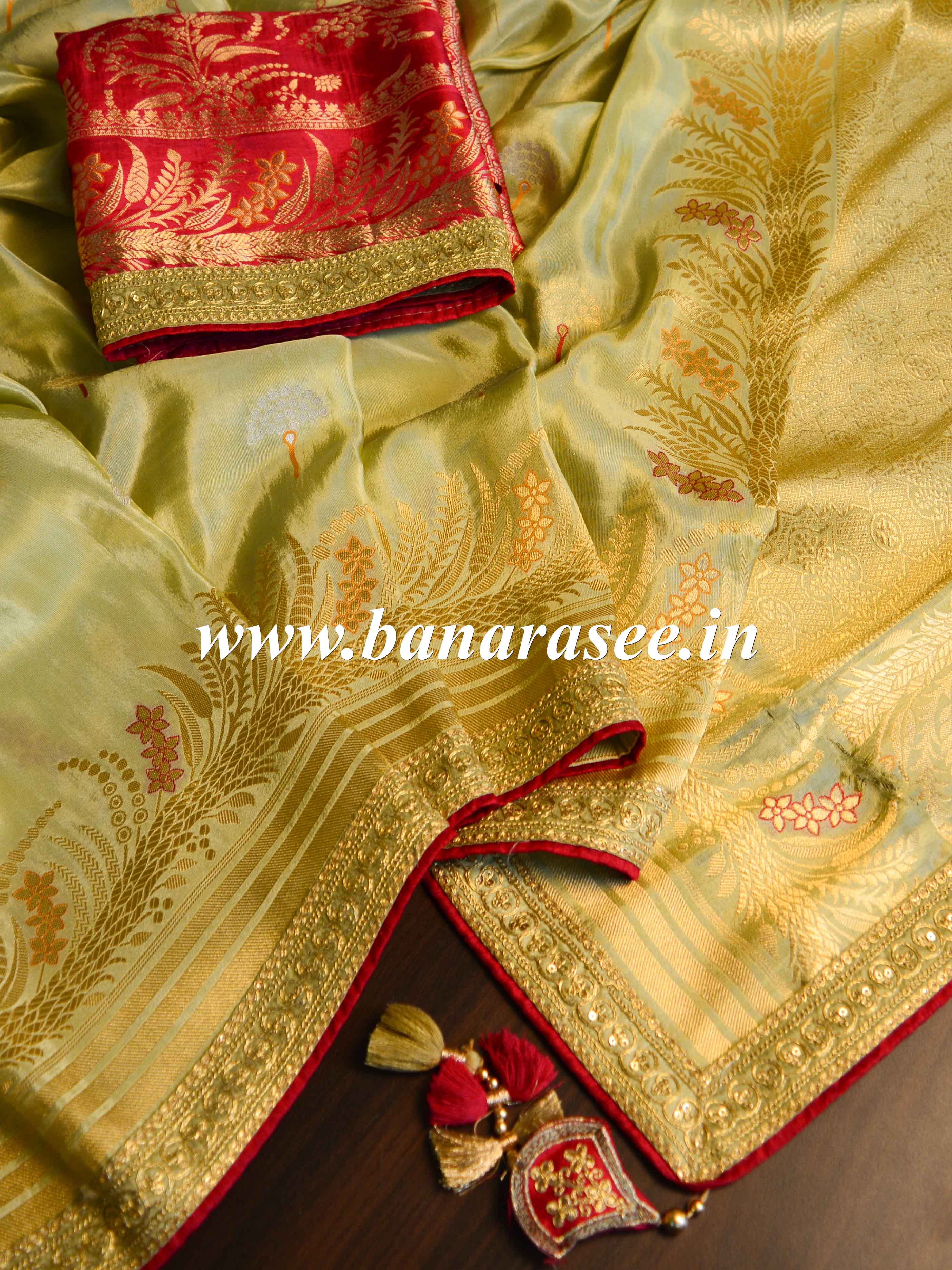 Banarasee Handwoven Semi-Katan Zari Work Saree Pink Contrast Embroidered Blouse-Green