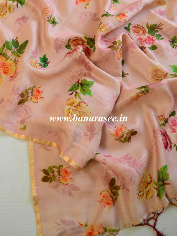 Banarasee Handloom Pure Muga Silk Digital Print Dupatta-Pink