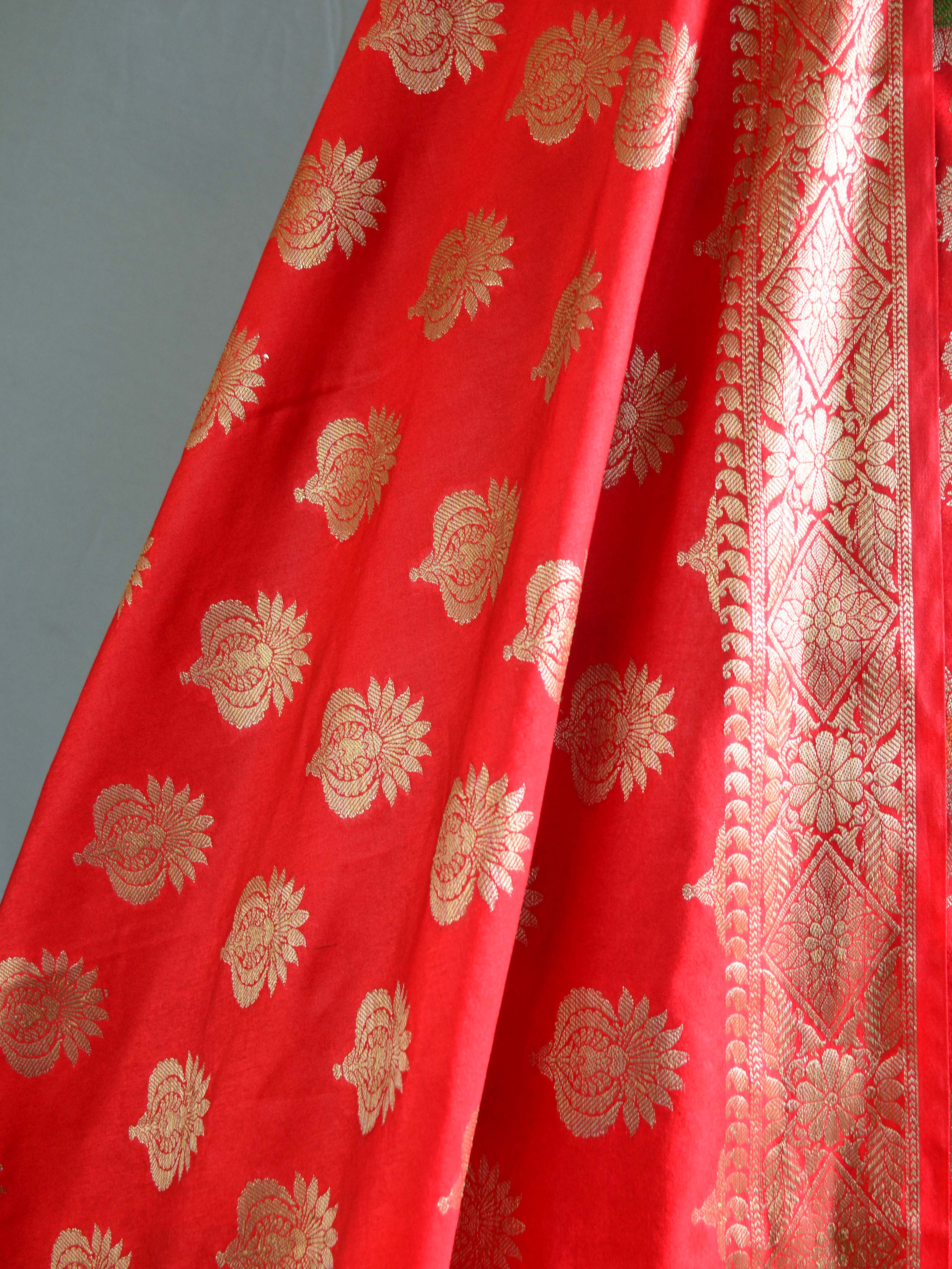 Banarasee Handwoven Semi-Silk Salwar Kameez Fabric With Zari Buta Design-Red