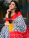Handloom Mul Cotton Ajrakh Print Saree-White & Red