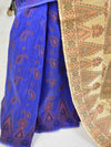 Banarasee Art Silk Saree With Floral Woven Design Contrast Beige Pallu-Blue