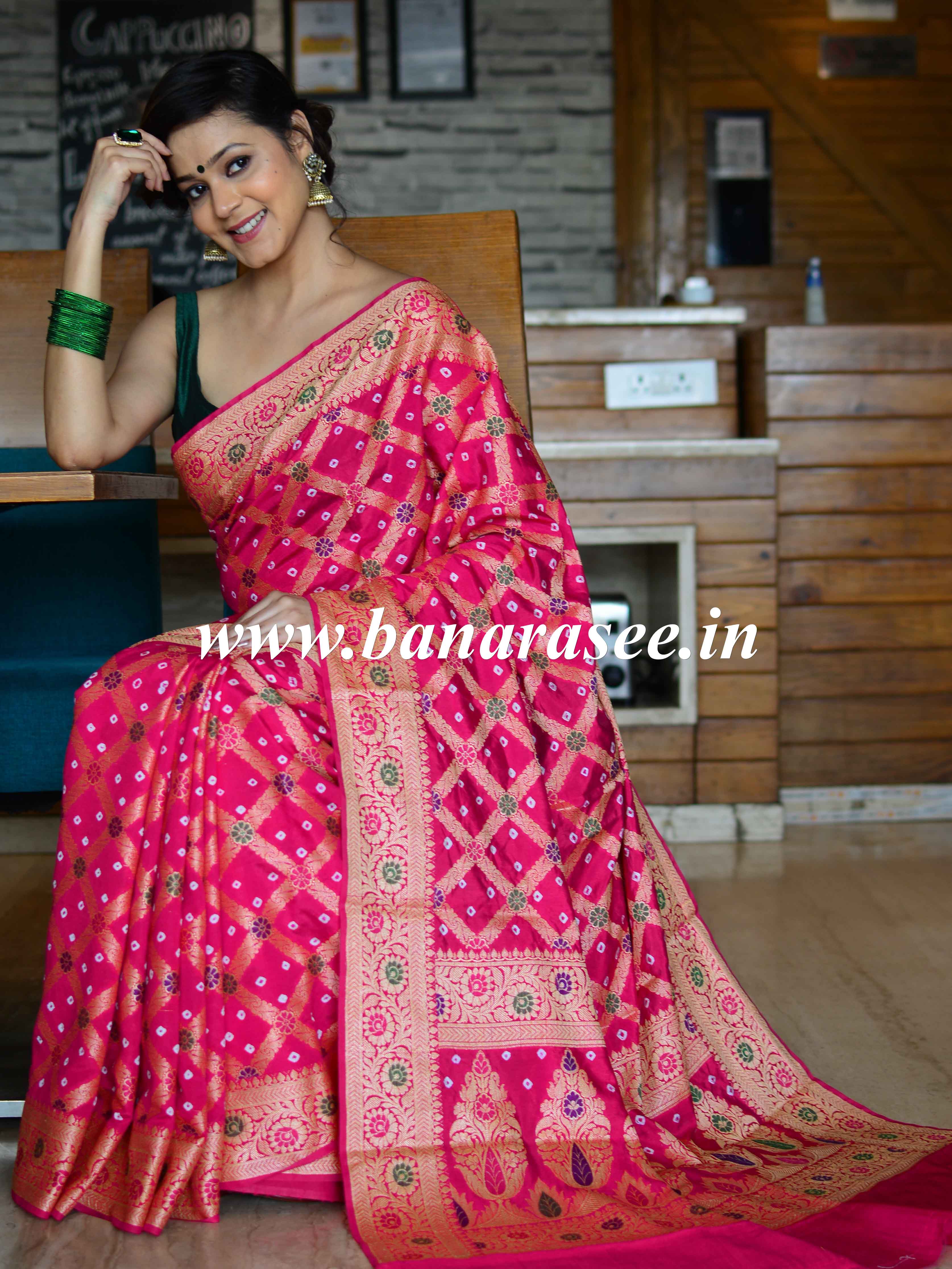 Banarasee Handwoven Semi-Chiffon Saree With Bandhej & Floral Border-Pink