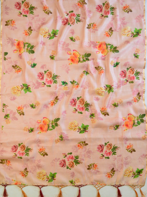 Banarasee Handloom Pure Muga Silk Digital Print Dupatta-Pink