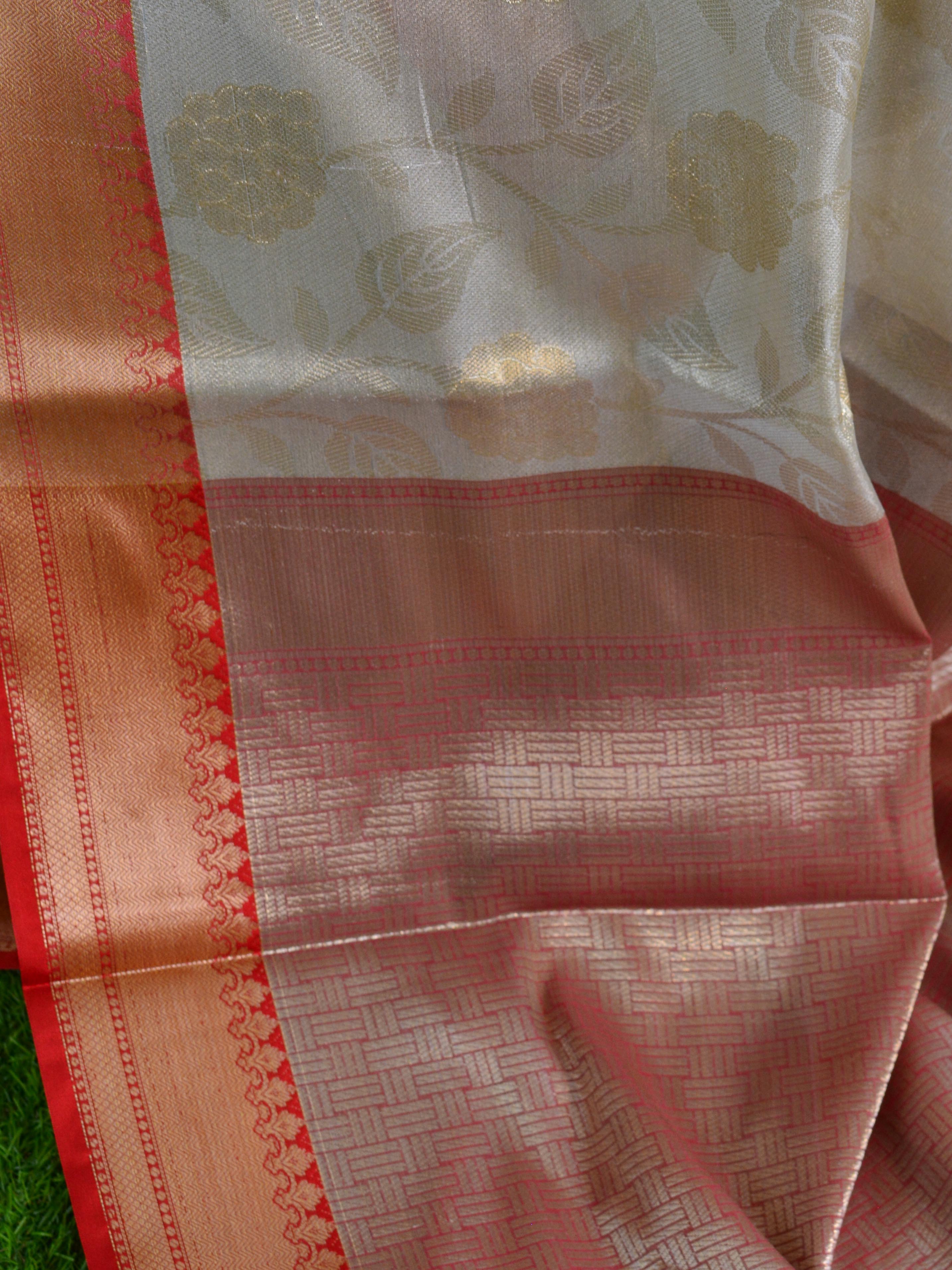 Banarasee Handwoven Red Border Saree With Self Weaving design-Silver