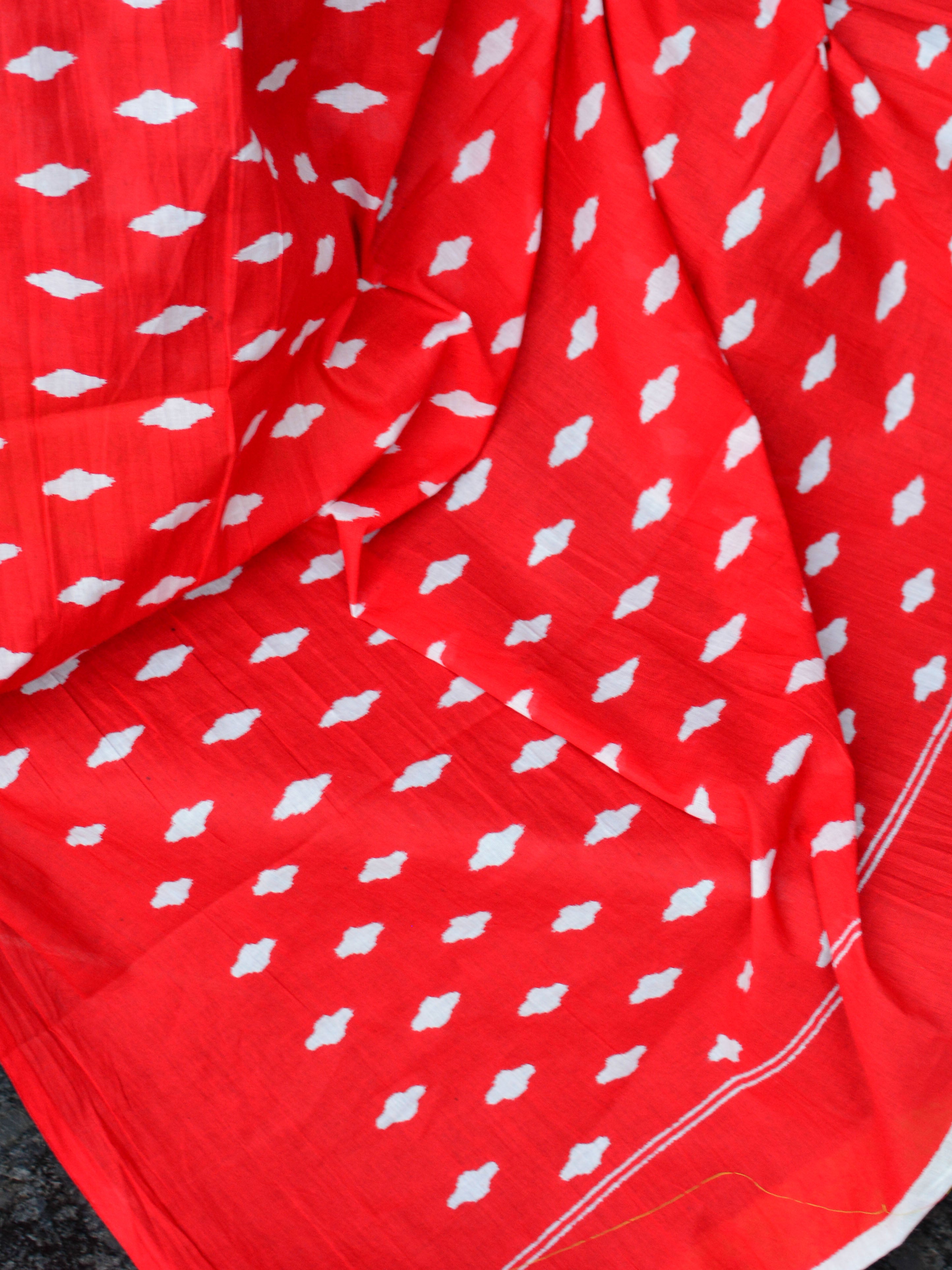 Handloom Mul Cotton Ajrakh Print Saree-White & Red