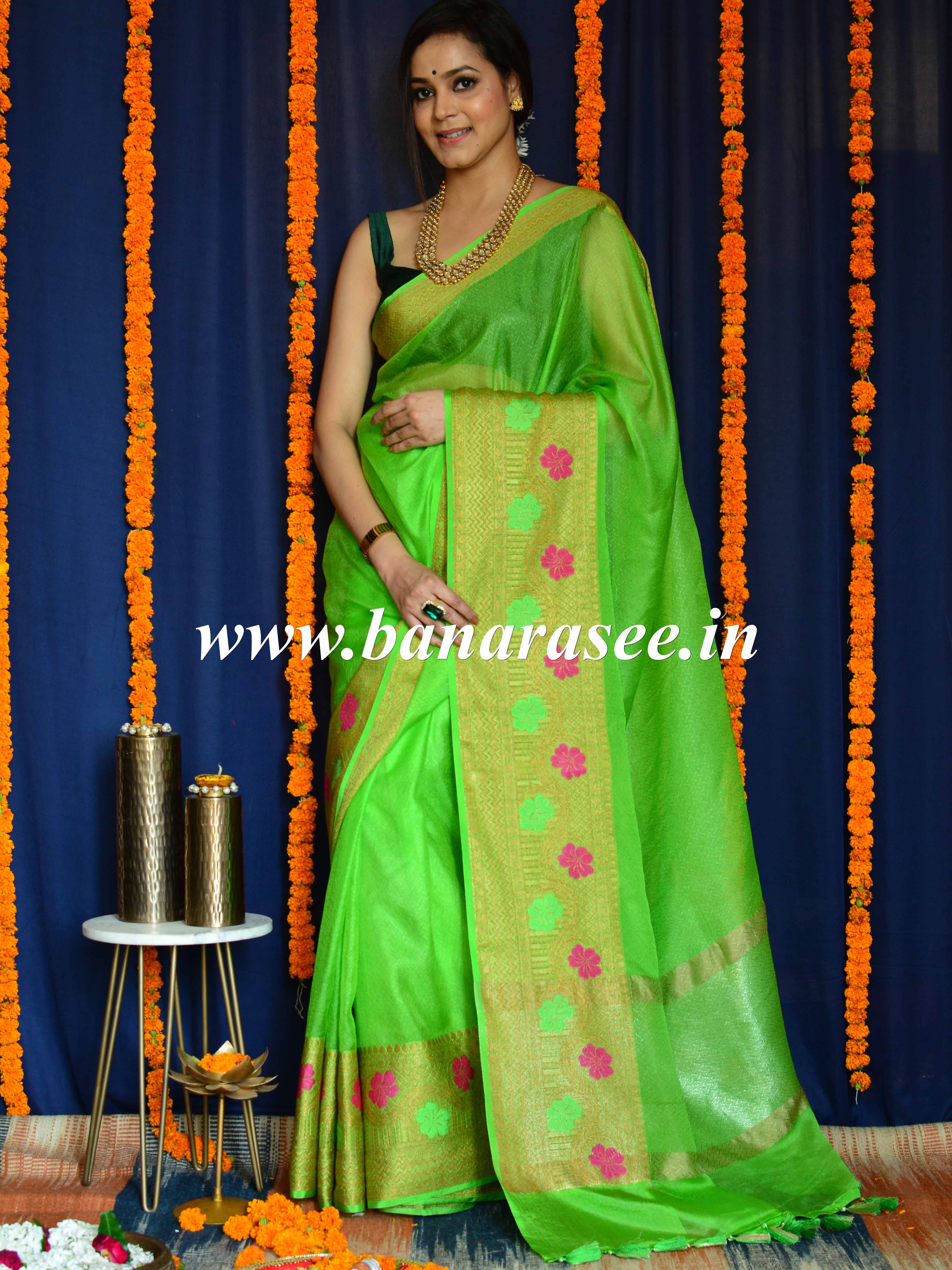 Banarasee Art Silk Saree With Zari & Meena Floral Border & Self Weaving Work-Green