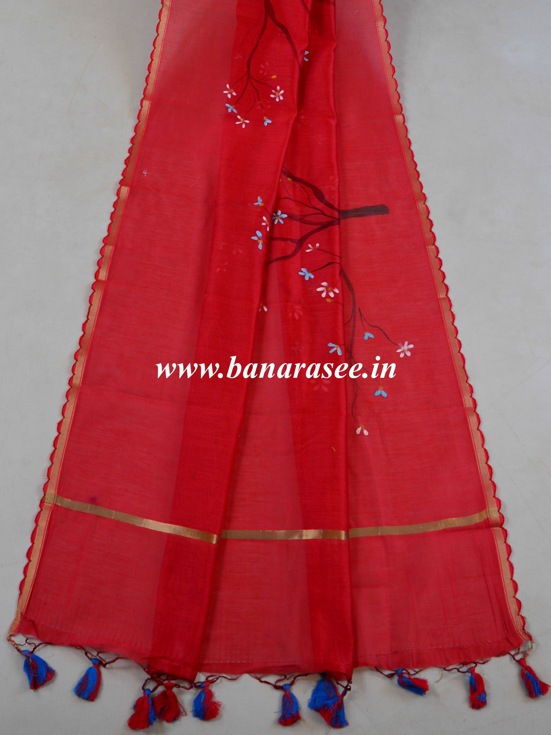 Banarasee Pure Handloom Chanderi Hand Painted Dupatta-Red