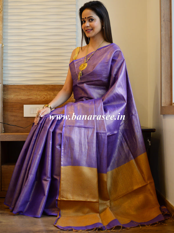 Banarasee Handloom Pure Linen By Tissue Metallic Shine Saree-Purple