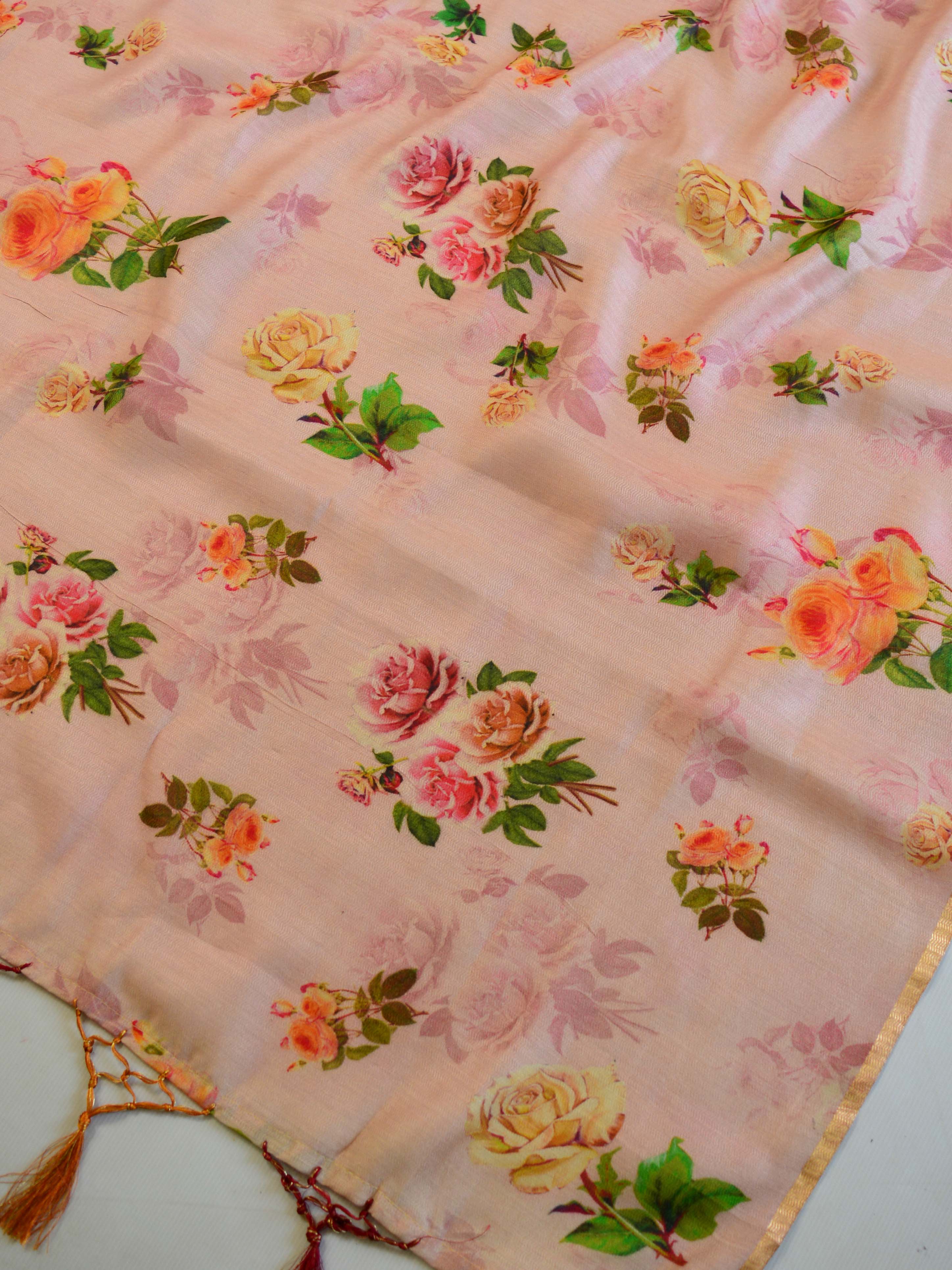 Banarasee Handloom Pure Muga Silk Digital Print Dupatta-Pink