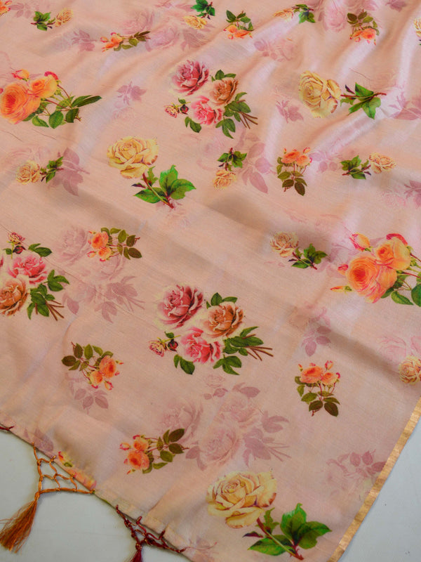 Banarasee Handloom Pure Muga Silk Digital Print Dupatta-Pink