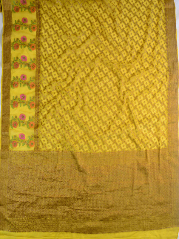 Banarasee Pure Chiffon Saree With Antique Zari Jaal & Border- Mustard Yellow