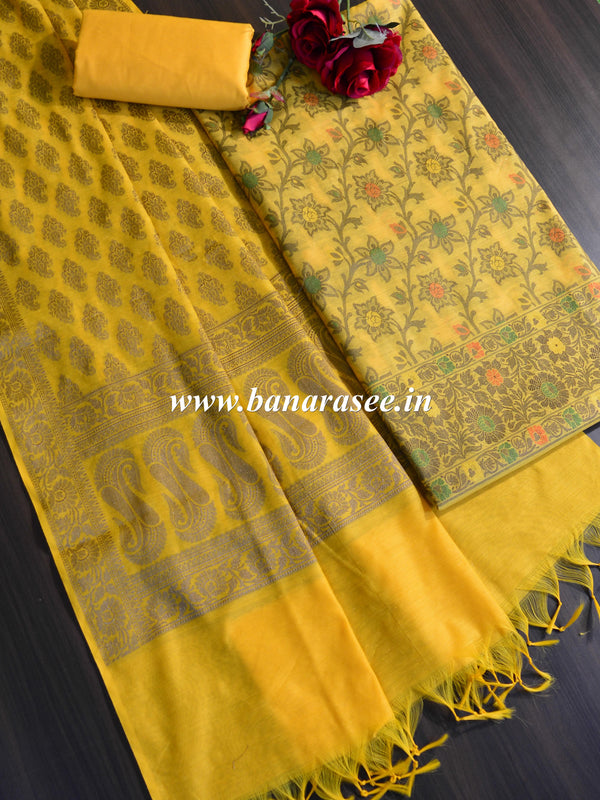 Banarasee Salwar Kameez Cotton Silk Resham Buti Woven Fabric-Yellow