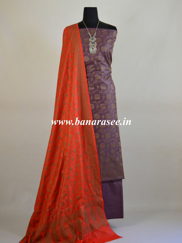 Banarasee Cotton Mix Ghichha Work Salwar Kameez Fabric With Red Dupatta-Wine
