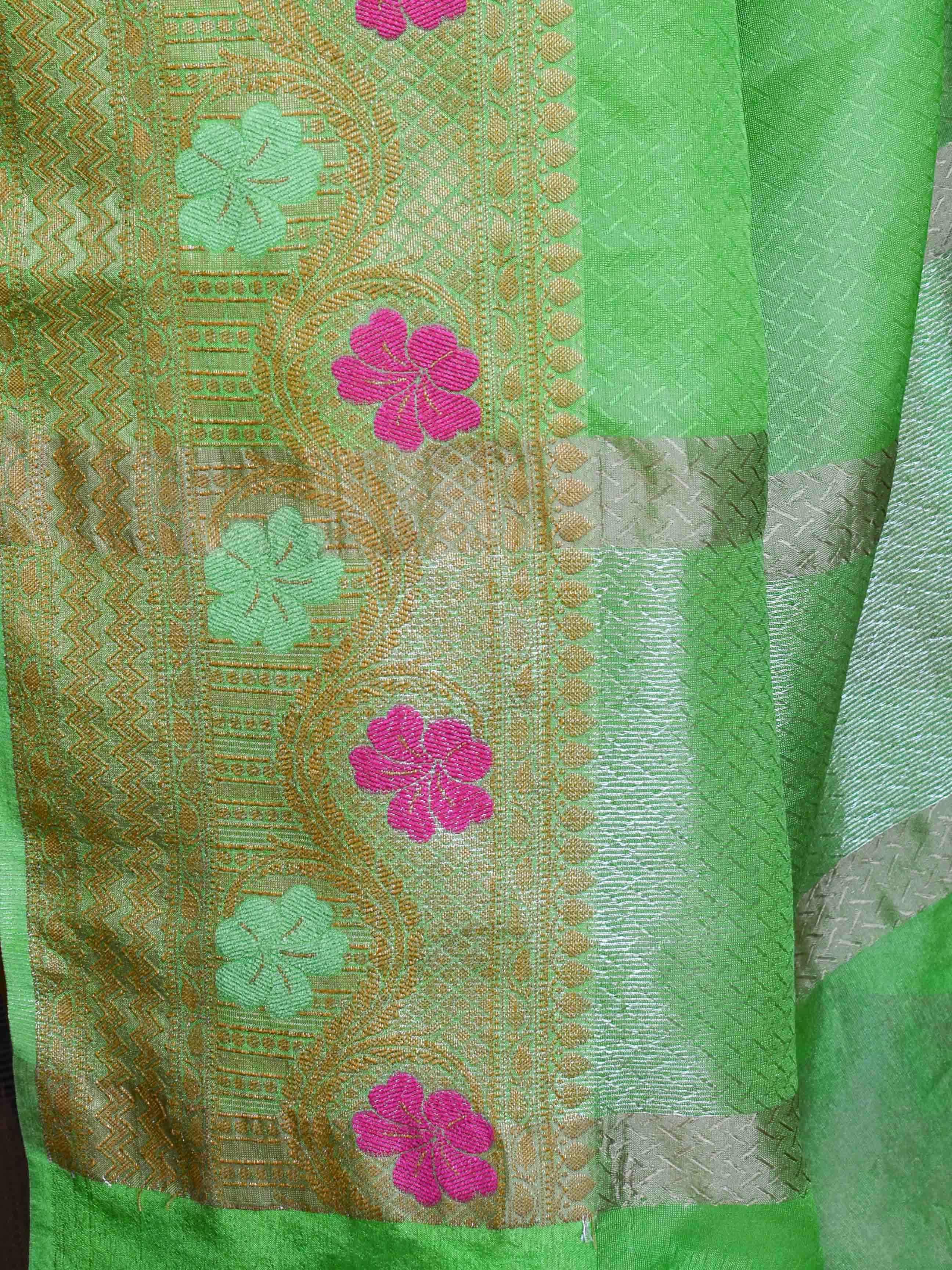 Banarasee Art Silk Saree With Zari & Meena Floral Border & Self Weaving Work-Green