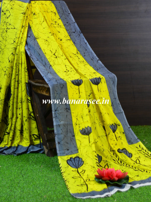 Handloom Mul Cotton Hand Print Saree-Yellow