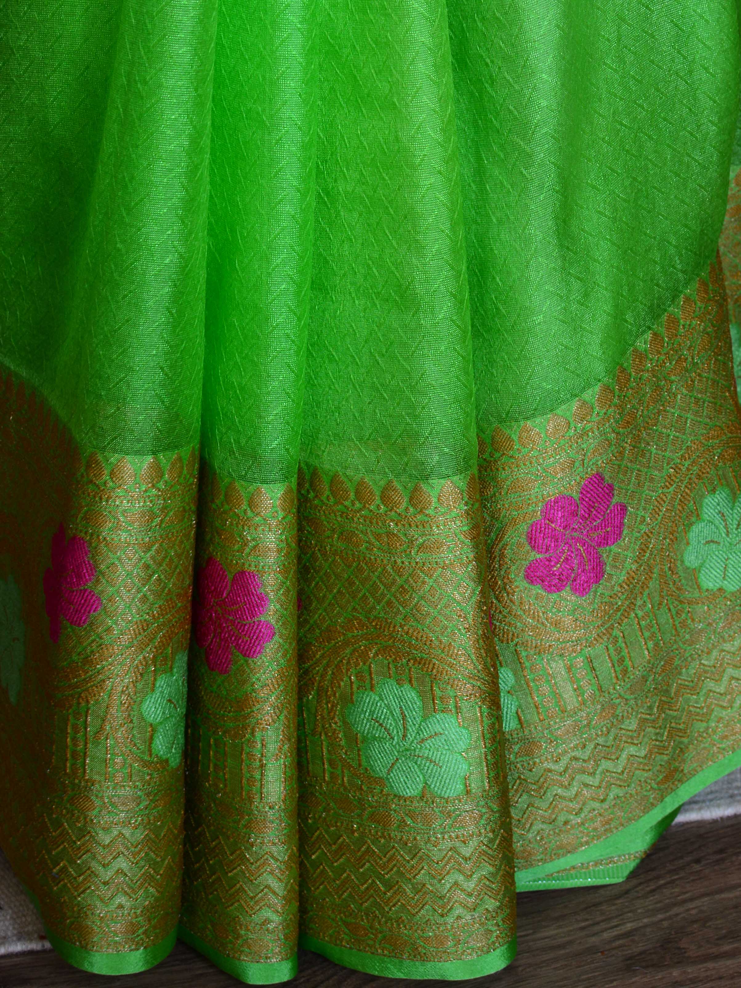 Banarasee Art Silk Saree With Zari & Meena Floral Border & Self Weaving Work-Green