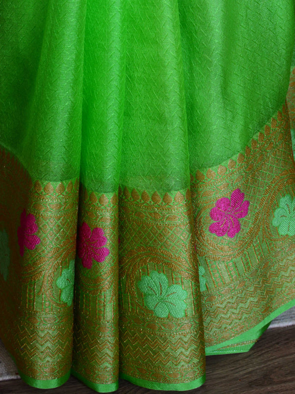Banarasee Art Silk Saree With Zari & Meena Floral Border & Self Weaving Work-Green