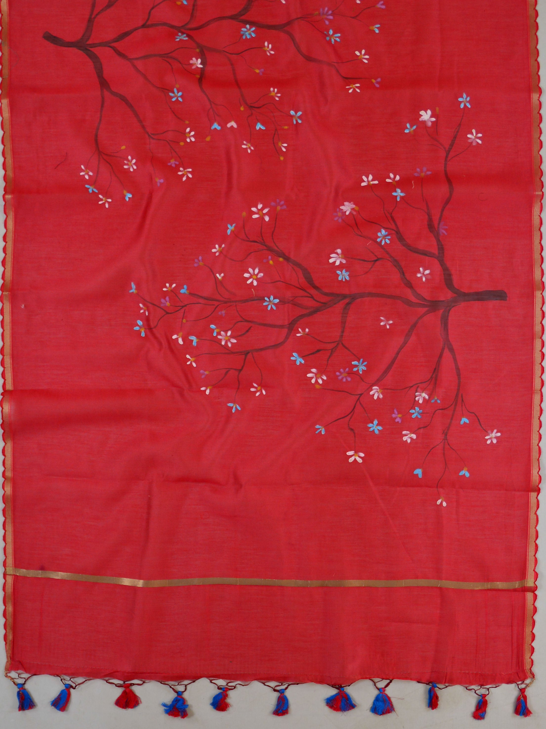 Banarasee Pure Handloom Chanderi Hand Painted Dupatta-Red