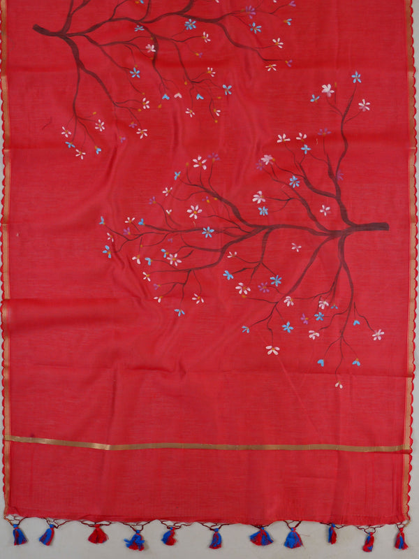 Banarasee Pure Handloom Chanderi Hand Painted Dupatta-Red