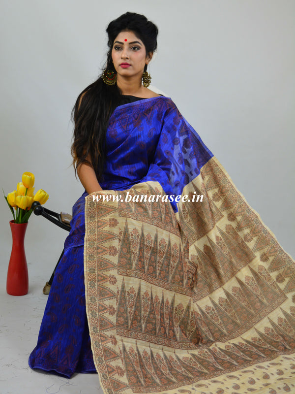 Banarasee Art Silk Saree With Floral Woven Design Contrast Beige Pallu-Blue