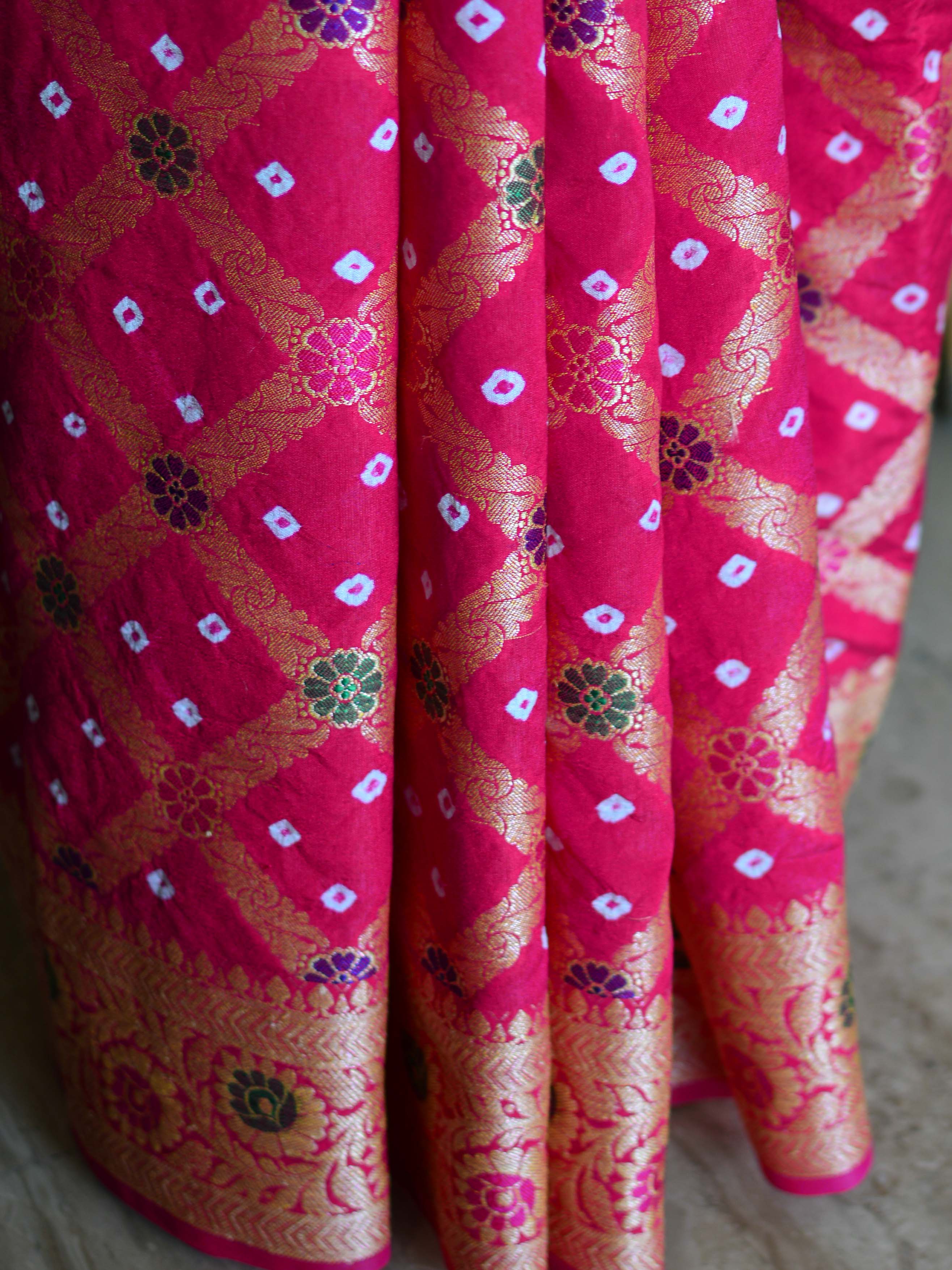 Banarasee Handwoven Semi-Chiffon Saree With Bandhej & Floral Border-Pink