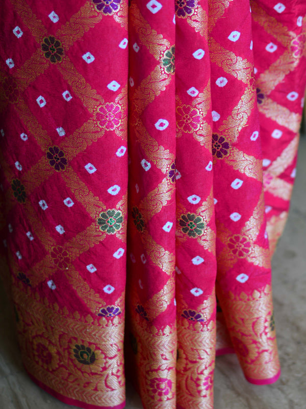 Banarasee Handwoven Semi-Chiffon Saree With Bandhej & Floral Border-Pink