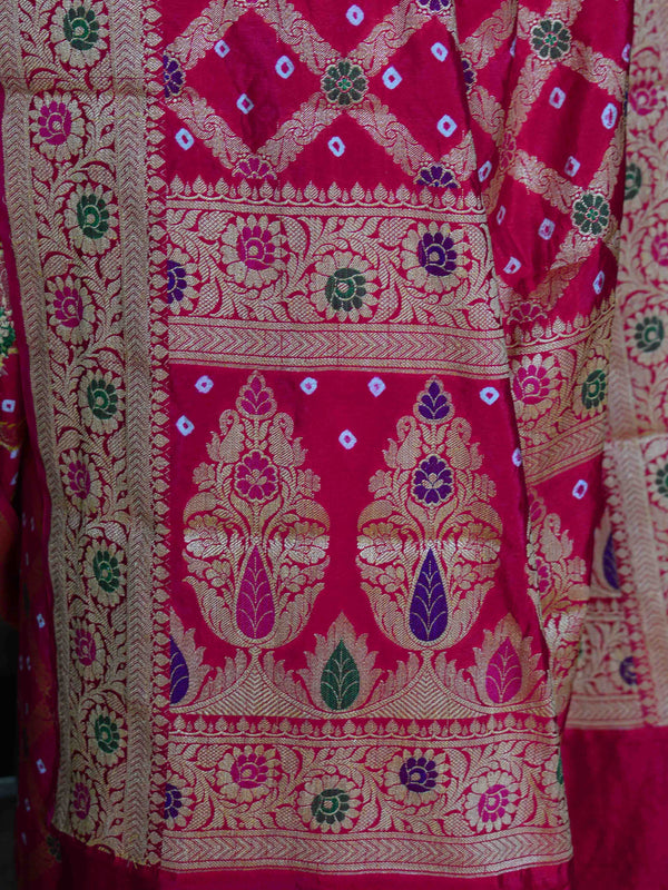 Banarasee Handwoven Semi-Chiffon Saree With Bandhej & Floral Border-Pink