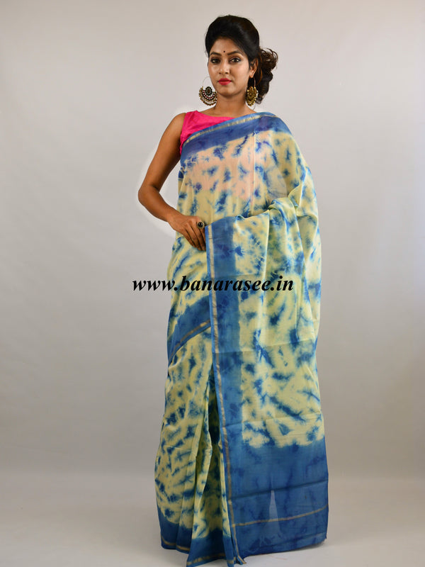 Banarasee Handloom Chanderi Shibori Dyed Saree With Contrast Blue Blouse-Off White