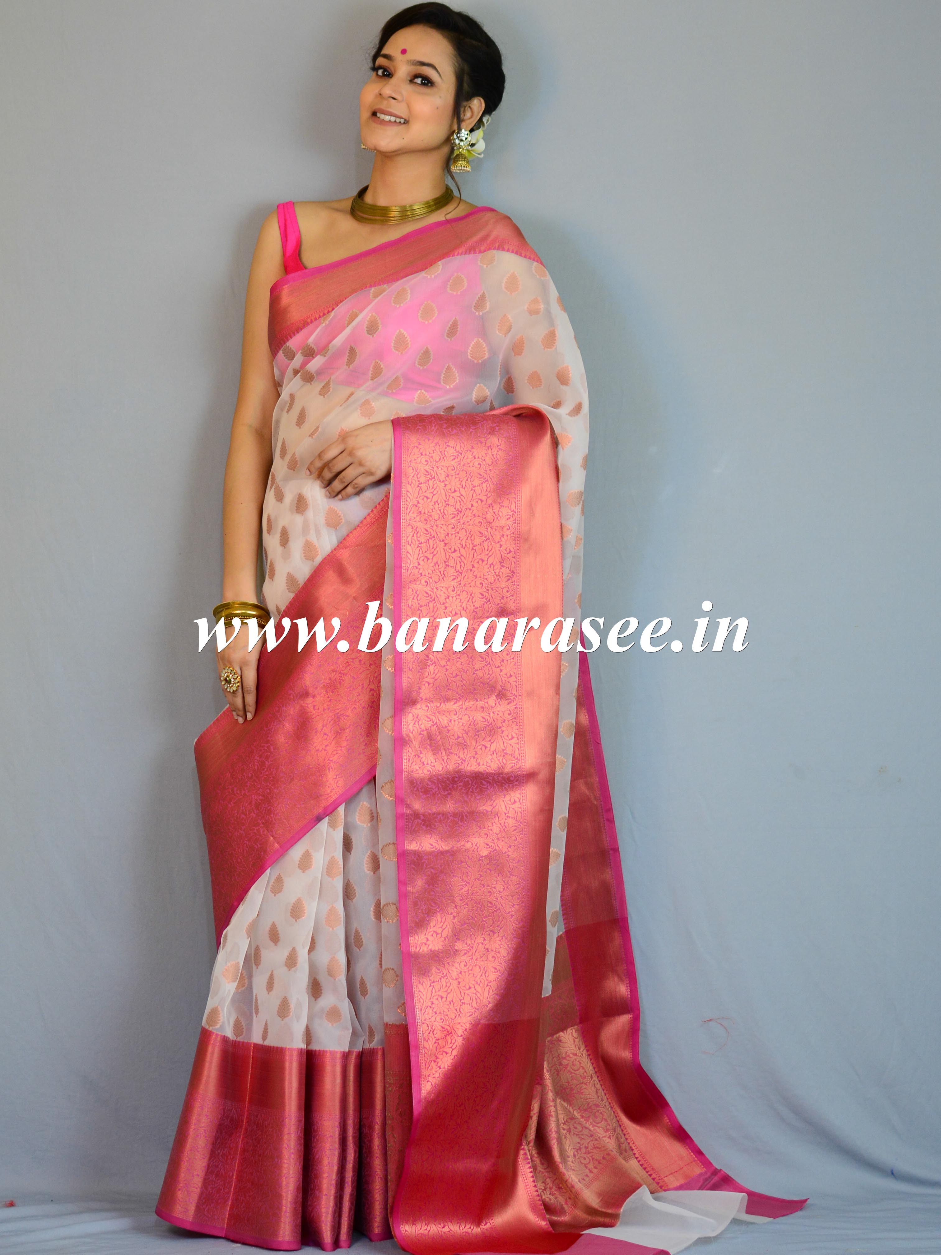 Banarasee Organza Mix Saree With Copper Zari Buti & Border-White