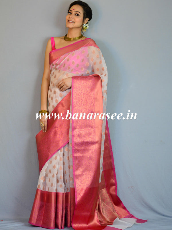 Banarasee Organza Mix Saree With Copper Zari Buti & Border-White