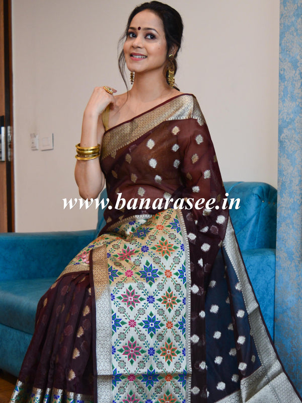 Banarasee Organza Mix Saree With Buti Design & Broad Meenakari Border-Brown