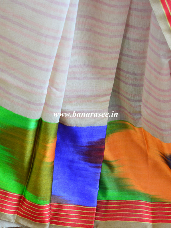 Banarasee Cotton Silk Saree With Multicolor Satin Border-Off White