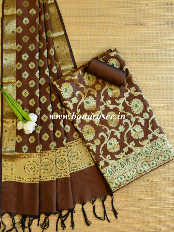 Banarasee Salwar Kameez Glossy Semi Silk Zari Jaal Work Fabric-Brown