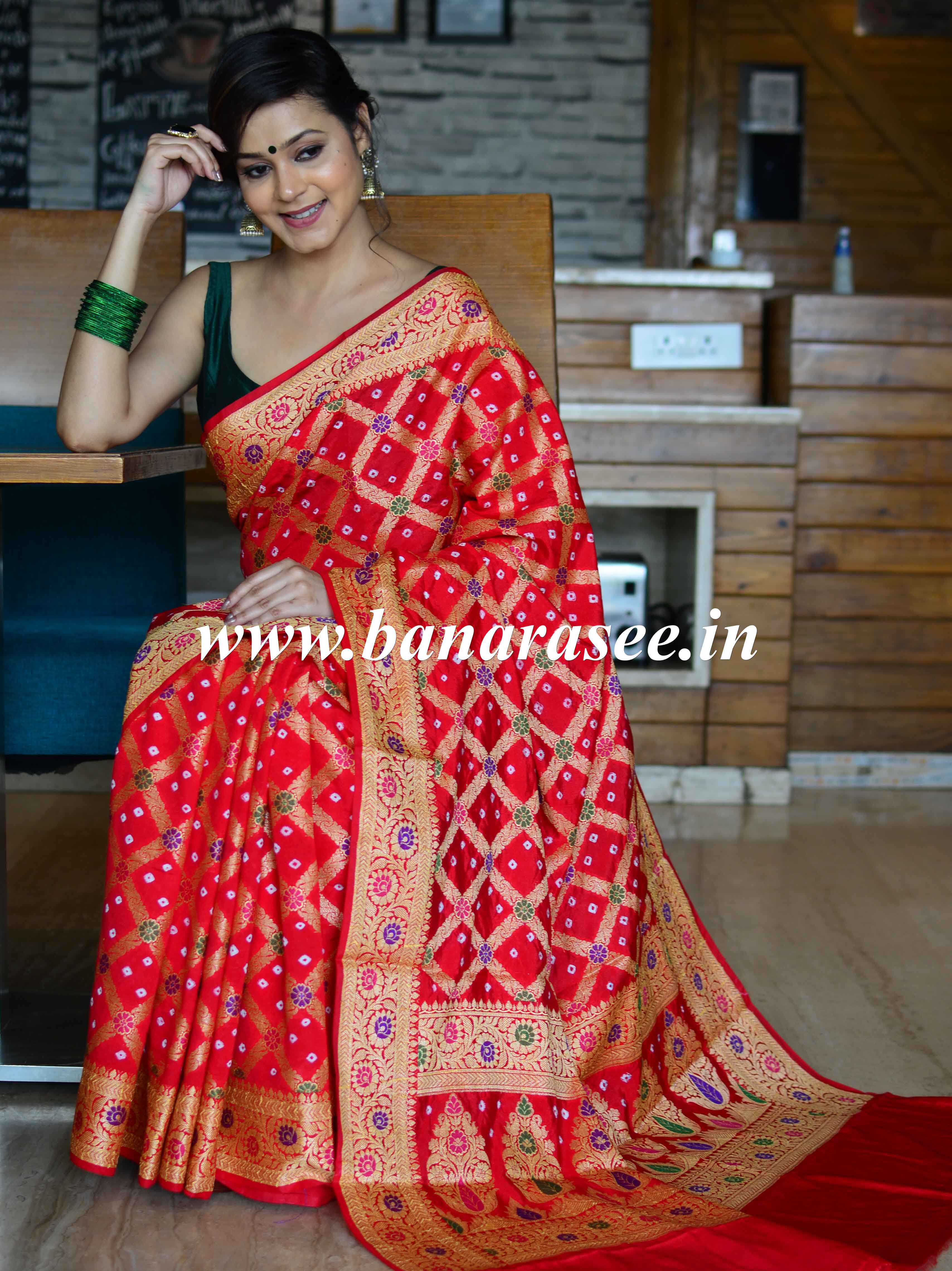 Banarasee Handwoven Semi-Chiffon Saree With Bandhej & Floral Border-Red