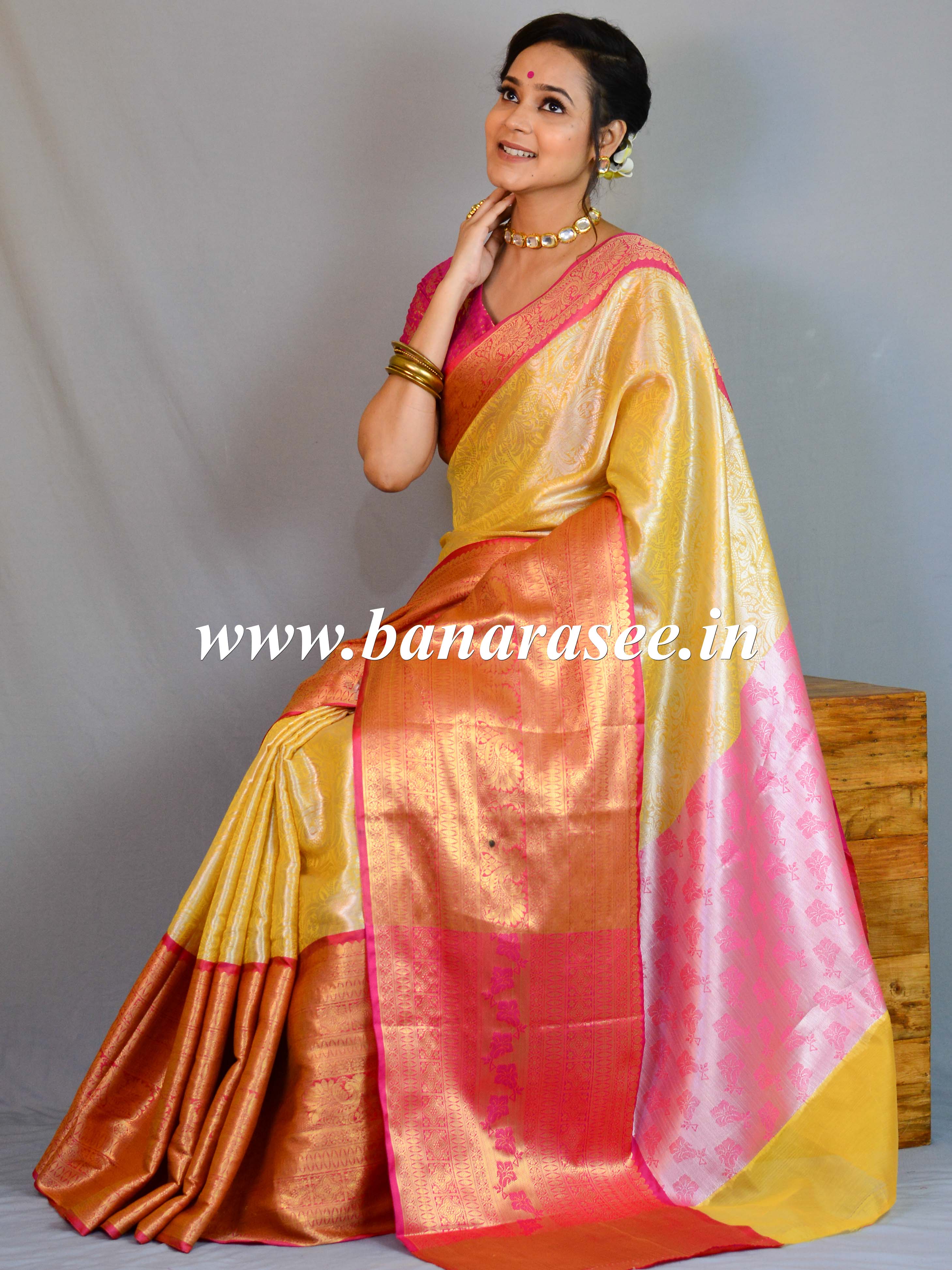 Banarasee Handwoven Broad Border Tissue Saree With Jaal Design-Yellow & Pink