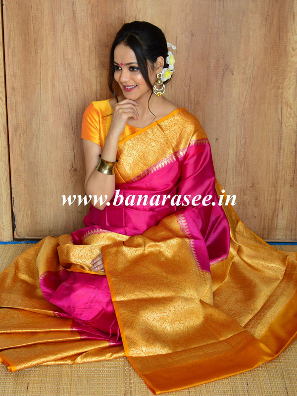 Banarasee Handwoven Semi Silk Saree Broad Zari Border-Pink & Yellow