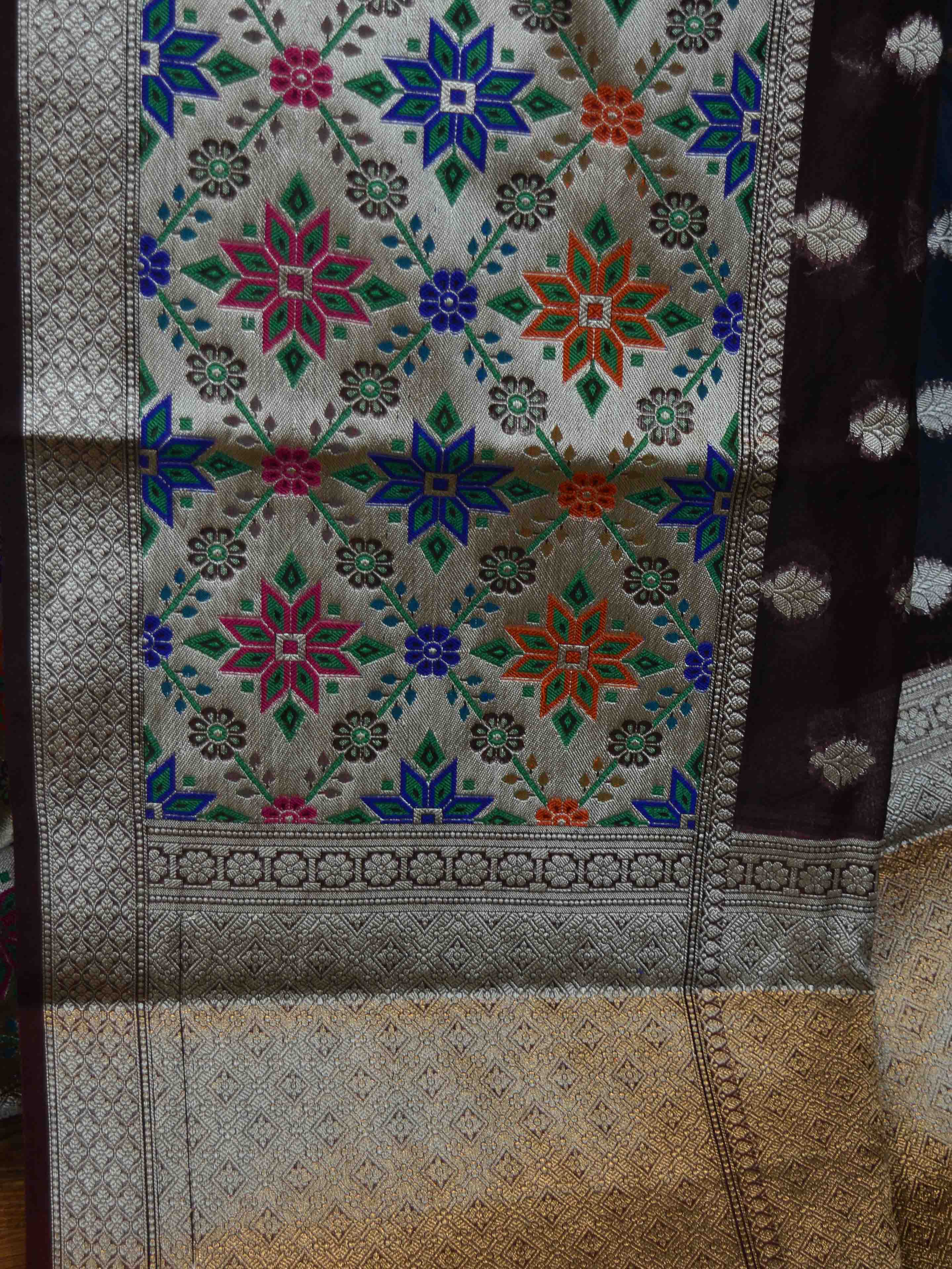 Banarasee Organza Mix Saree With Buti Design & Broad Meenakari Border-Brown