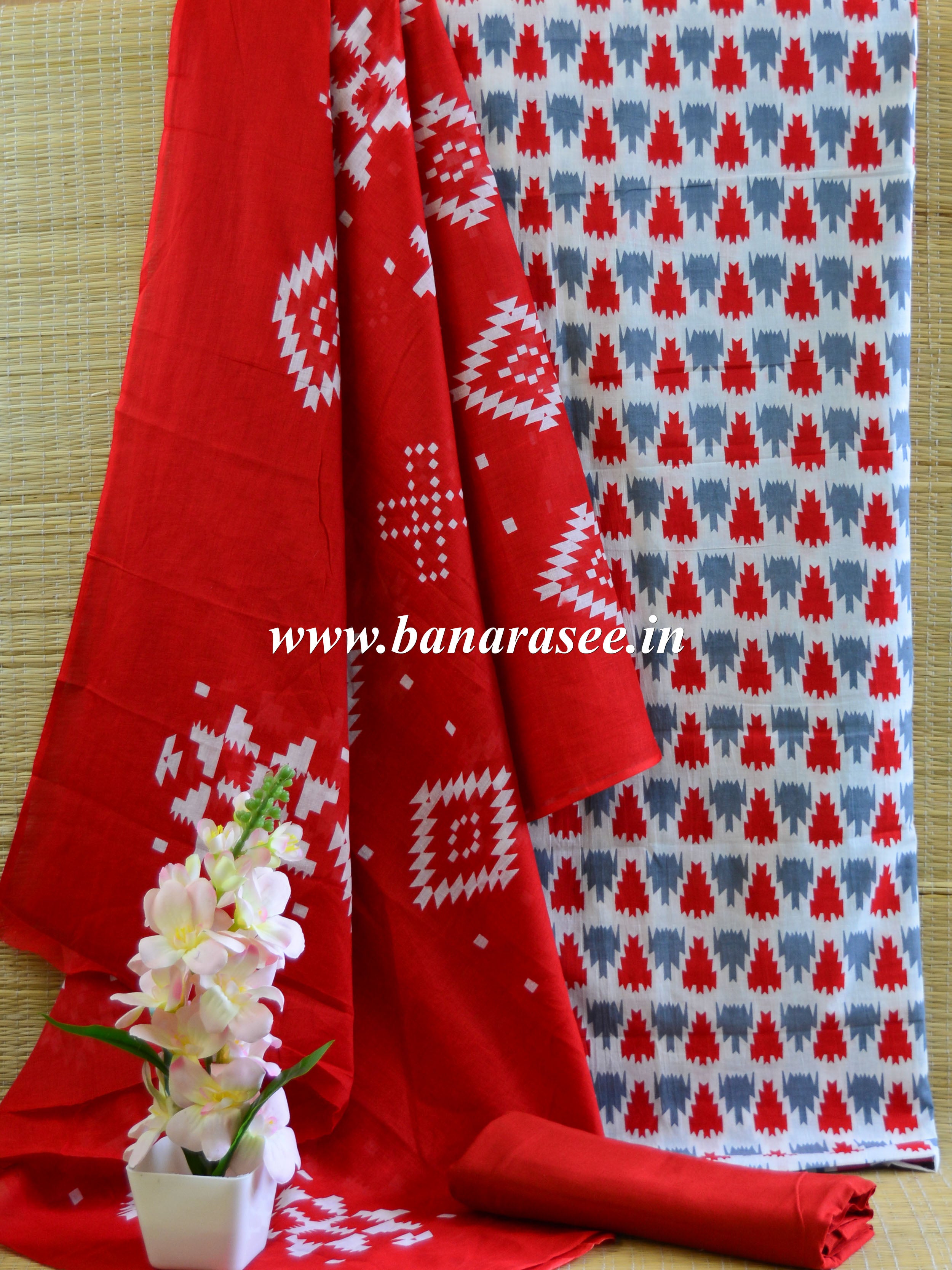 Handloom Mul Cotton Handblock Printed Suit Set-Red & White