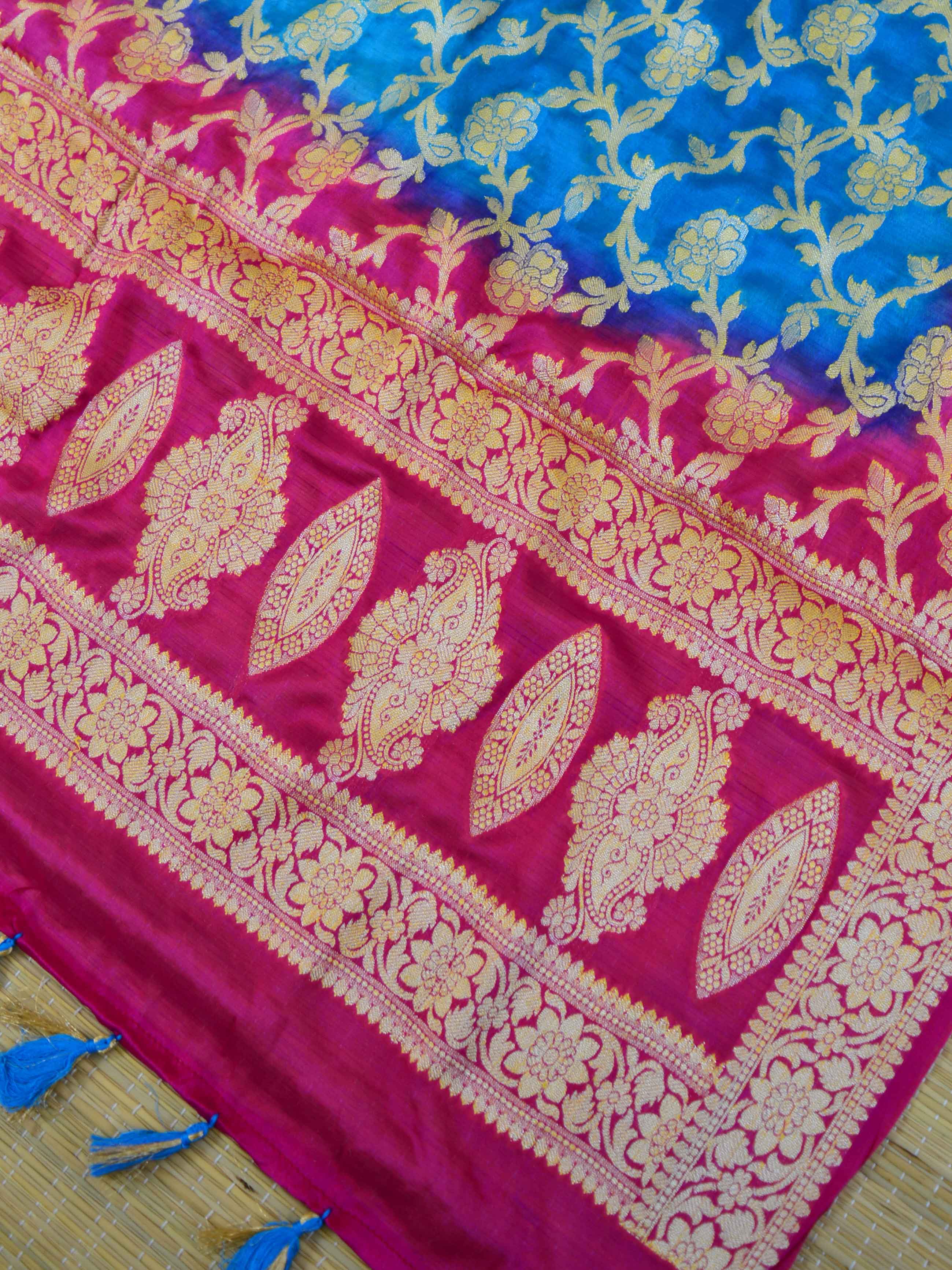 Banarasee Handloom Pure Chiffon Silk Salwar Kameez Set-Pink & Blue