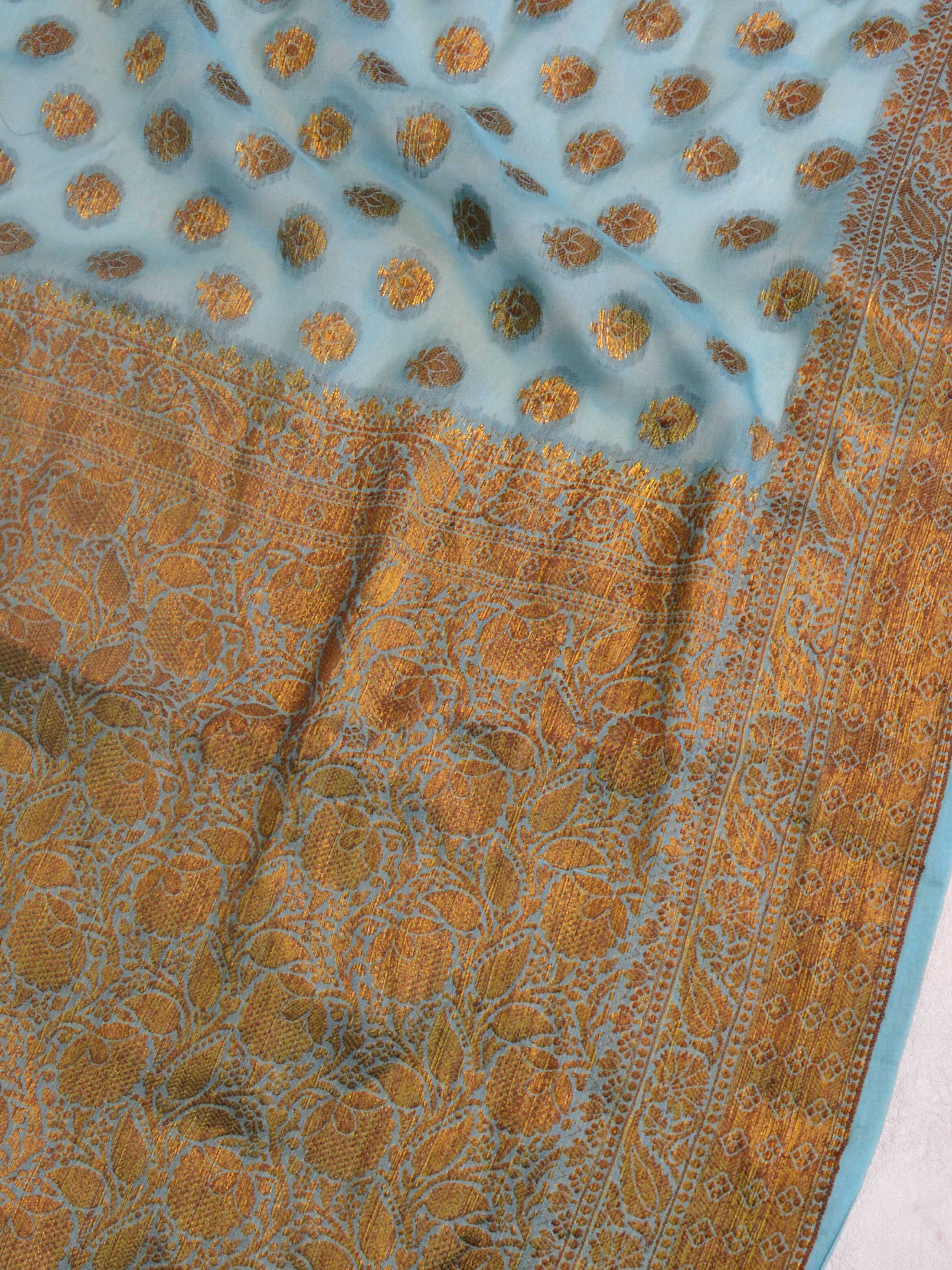 Banarasee Pure Chiffon Saree With Antique Zari Asharfi & Border-Blue