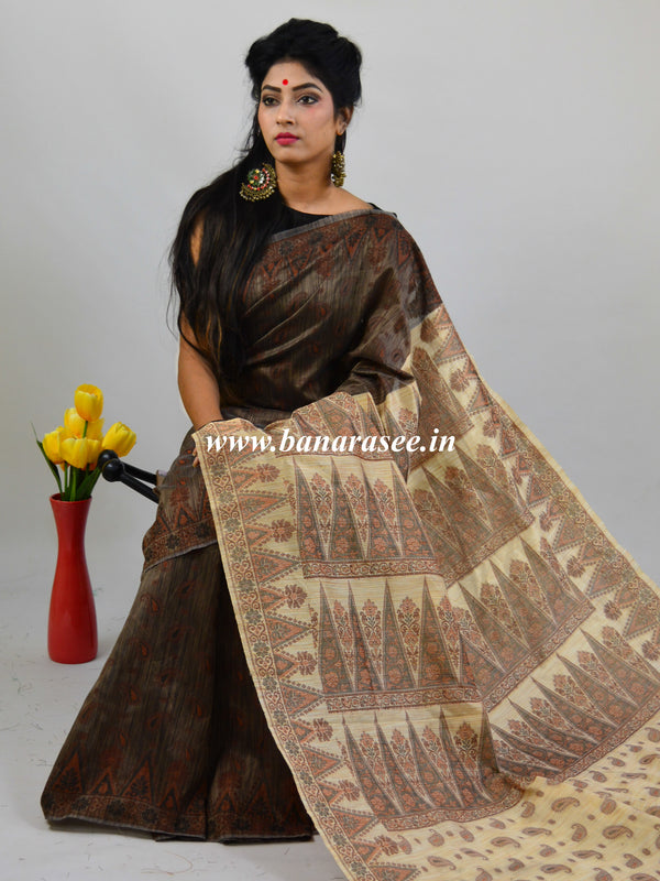 Banarasee Art Silk Saree With Floral Woven Design Contrast Beige Pallu-Dark Brown