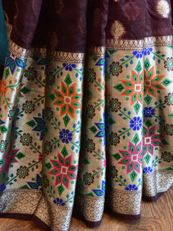 Banarasee Organza Mix Saree With Buti Design & Broad Meenakari Border-Brown