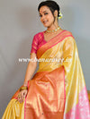 Banarasee Handwoven Broad Border Tissue Saree With Jaal Design-Yellow & Pink