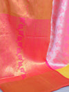 Banarasee Handwoven Broad Border Tissue Saree With Jaal Design-Yellow & Pink